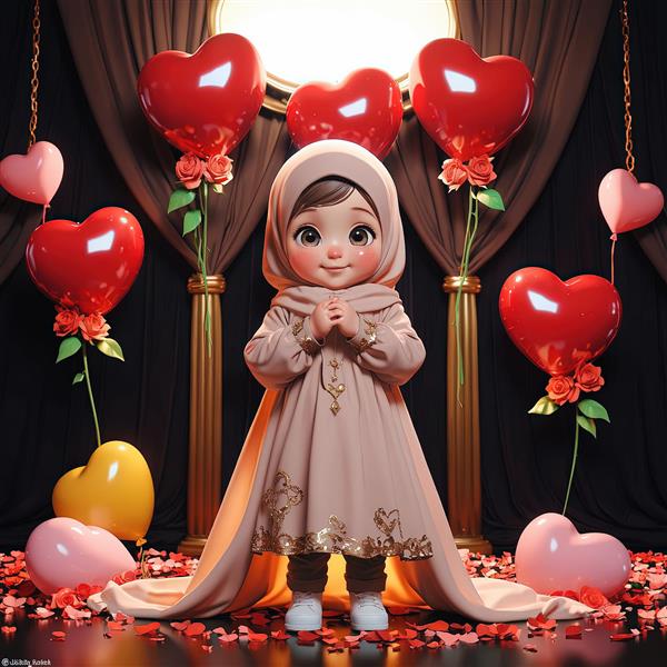 پوستر تولد/ولنتاین، دخترک عروسکی محجبه با بادکنک قلب قرمز و گل‌های رز