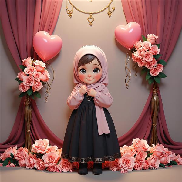 طرح چاپ رمانتیک، دختر کوچک با حجاب صورتی و گل‌های رز و بالون قلب