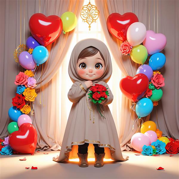 تصویر استودیو جشن تولد/تکلیف، دختر عروسکی با بالون‌های رنگی و گل رز