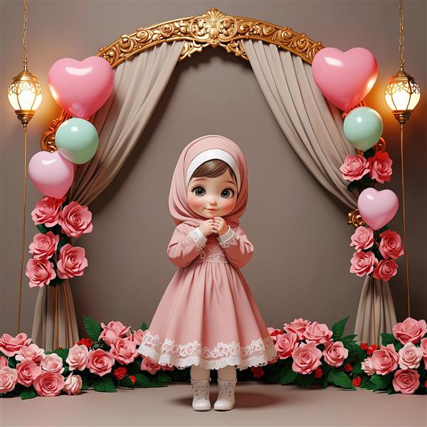 دختر محجبه زیبا و شاد، با پس‌زمینه رمانتیک و بالون‌های قلبی صورتی
