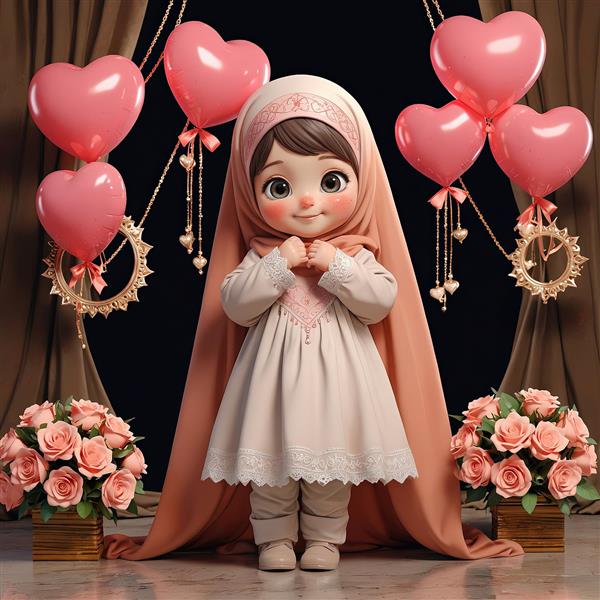 طرح سه‌بعدی دختر با لباس کرم و چادر بلند کالباسی در دکور جشن قلبی