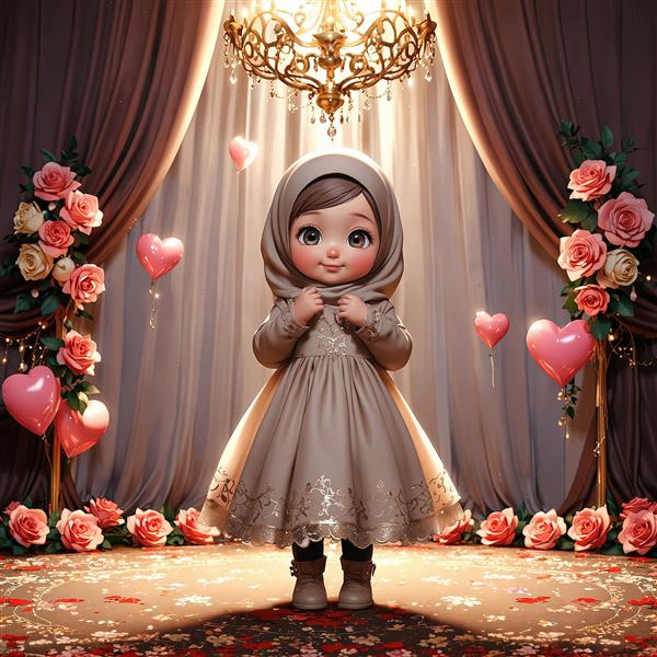 کودک سه‌بعدی محجبه با شلوار جین و ژاکت صورتی و دسته گل رز کوچک