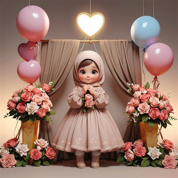 وکتور دختر با لباس بژ در دکور بادکنک قلبی و گل‌آرایی (جشن تولد)