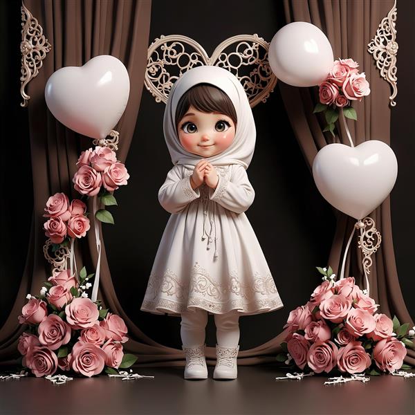 تصویر سه‌بعدی دختر جشن تکلیف با تم سفید و قهوه‌ای در دکور بادکنک