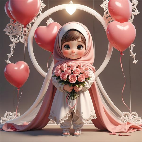 وکتور دختر سه بعدی با حجاب سرخابی و لباس مشکی گلدوزی شده سنتی