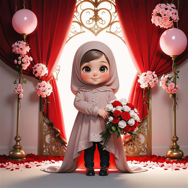 عروسک سه‌بعدی دختر محجبه با لباس قرمز و دسته گل (مخصوص جشن تکلیف)