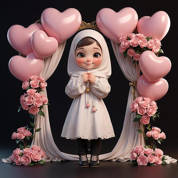 تصویر استوک دختر با حجاب گلبهی و لباس سفید حامل دسته گل رز و بابونه