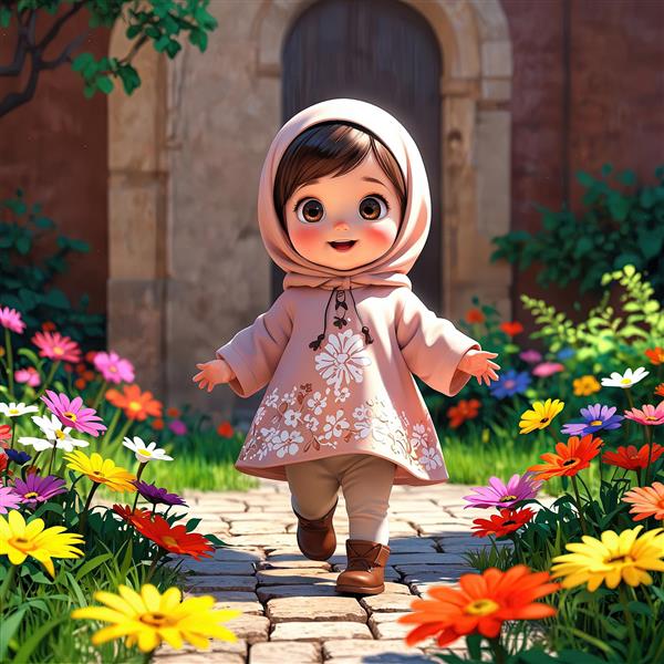 وکتور سه‌بعدی دختر بچه محجبه با کت گلدوزی شده در مسیر باغ گل