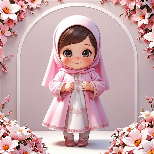 وکتور دختر با مانتوی صورتی و لباس سفید در دکور قوسی شکل گل‌های بهاری