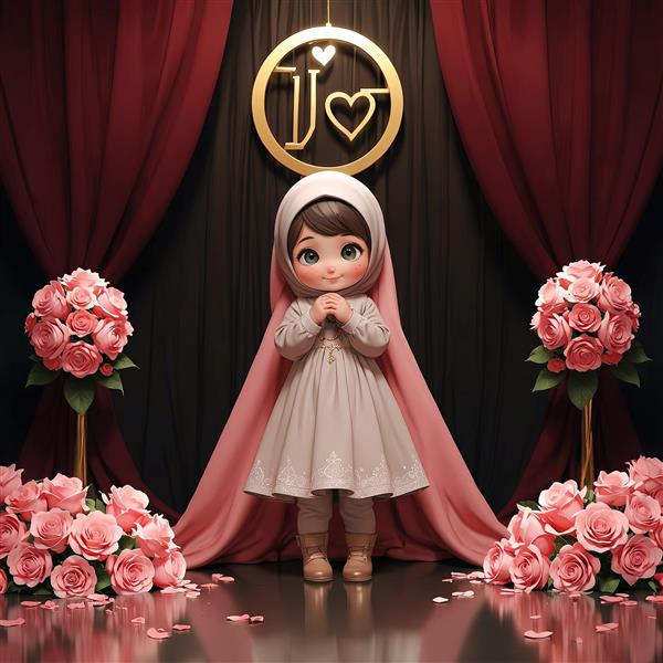 دختر سه‌بعدی جشن تکلیف در پس‌زمینه مخملی قرمز و دکوراسیون طلایی