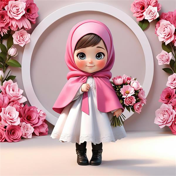 تصویر سه‌بعدی دختر با شنل صورتی روی لباس سفید در میان رزهای بزرگ