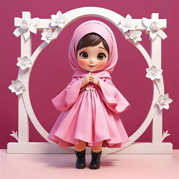 طرح سه‌بعدی دختر با لباس جشن تکلیف صورتی و قاب گلدار سفید