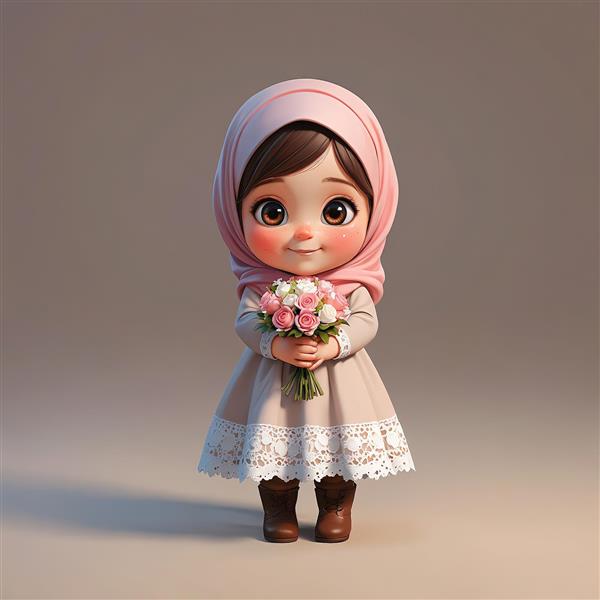 وکتور دختر محجبه با لباس بژ و دسته گل رز کوچک برای روز مادر یا معلم