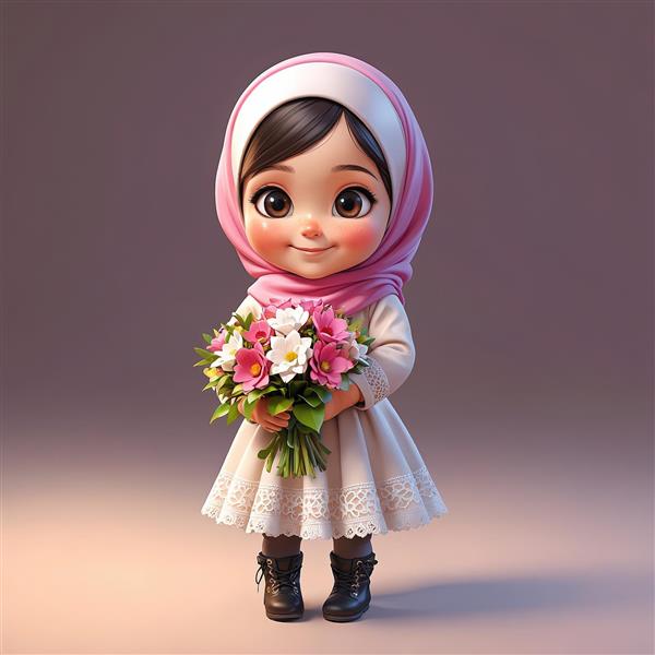 عروسک سه‌بعدی کودک با حجاب صورتی و لباس کرم و دسته گل میخک