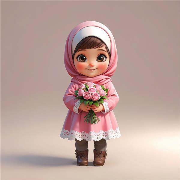 تصویر استوک دختر با حجاب و لباس صورتی و دسته گل رز صورتی (برای تبریک)