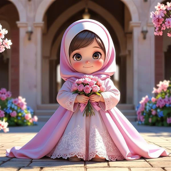 طرح سه‌بعدی دختر جشن تکلیف با چادر صورتی و دسته گل رز در محوطه مسجد