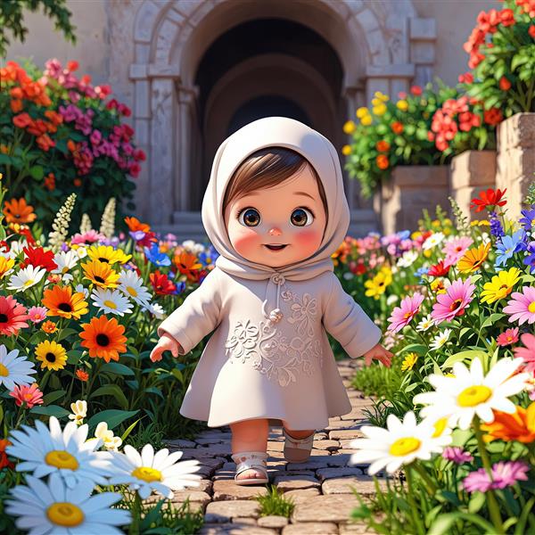 تصویر سه‌بعدی کودک محجبه با لباس کرم در مسیر باغ گل‌های بهاری و ساختمان قدیمی