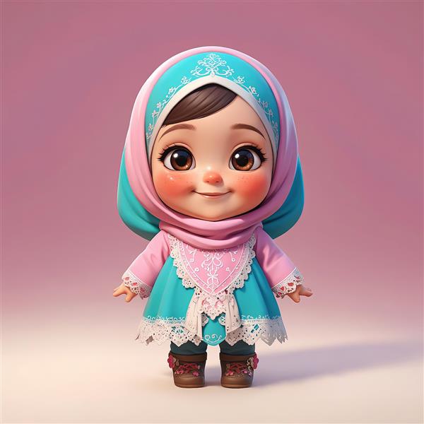 کودک سه بعدی با حجاب فیروزه‌ای صورتی و لباس محلی (استایل جشن تکلیف)