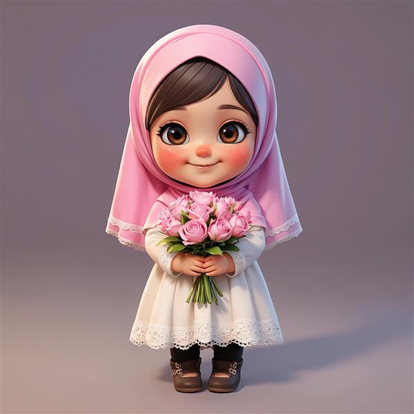 عکس سه بعدی دختر محجبه با دسته گل رز صورتی و لباس سفید توری (مناسب چاپ)