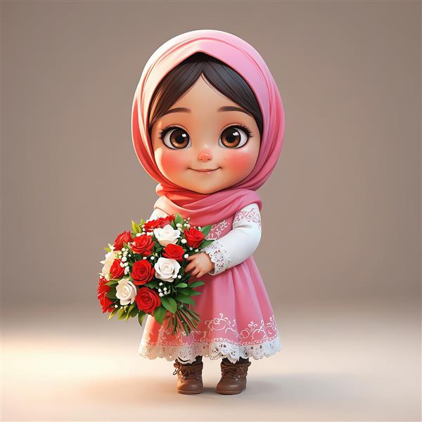 وکتور دختر با حجاب صورتی و لباس پرنسسی، دسته گل رز بزرگ سفید و قرمز