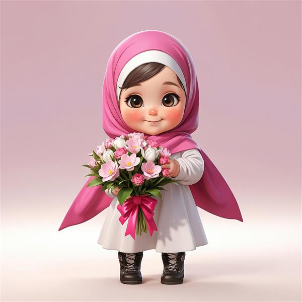 دختر بچه سه بعدی با حجاب سرخابی و شنل پهن، دسته گل رز و ارکیده سفید