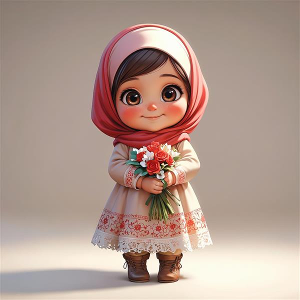 تصویر کودک محجبه با لباس صورتی کرم و گلدوزی سنتی و دسته گل رز کوچک