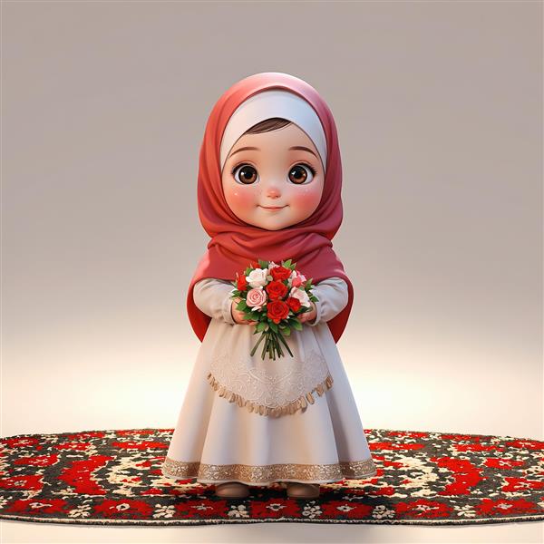 طرح سه‌بعدی دختر جشن تکلیف با شال قرمز روی فرش اصیل ایرانی