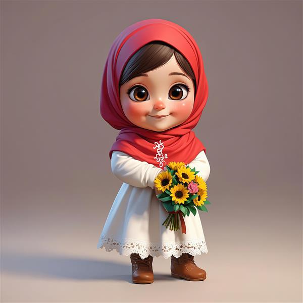 وکتور سه‌بعدی دختر با حجاب و شال قرمز، حامل دسته گل آفتابگردان