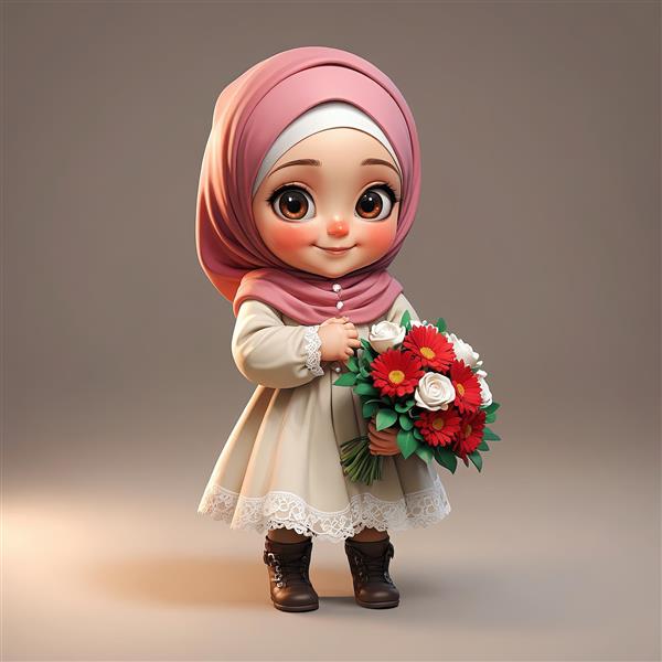 عروسک سه بعدی دختر محجبه با دسته گل آفتابگردان و رز (جشن تکلیف)