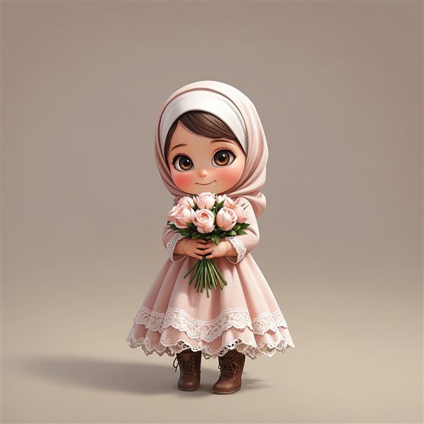 تصویر استوک کودک سه بعدی با حجاب کالباسی و لباس صورتی پاستلی دسته گل رز
