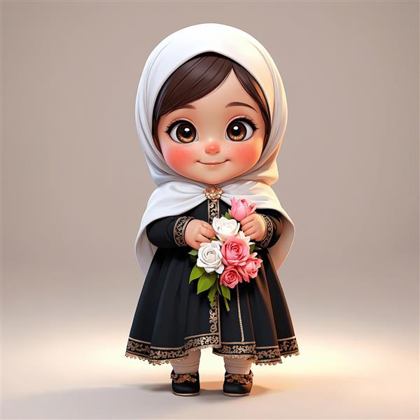 طرح سه بعدی دختر محجبه با لباس مجلسی مشکی و روسری سفید کوچک