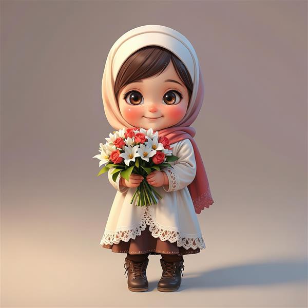 دختر کوچک با حجاب گلبهی و لباس سفید حامل دسته گل لاله و رز