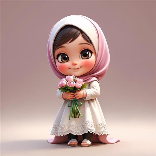 عروسک سه بعدی دختر با لباس بلند سفید و حجاب صورتی دسته گل مینیاتوری