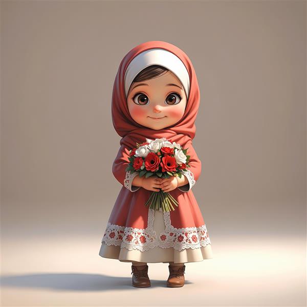 تصویر سه بعدی دختر محجبه با لباس قرمز و دسته گل رز سفید و قرمز