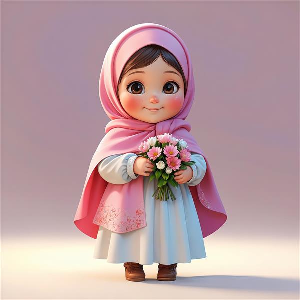وکتور دختر بچه با شنل و حجاب صورتی و پیراهن سفید (آماده برای عبادت)