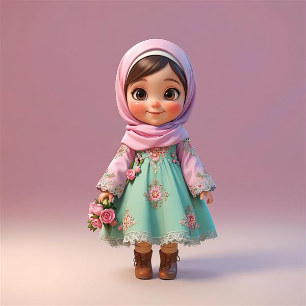 کودک سه بعدی محجبه با لباس سبزآبی گلدار و روسری صورتی پاستلی