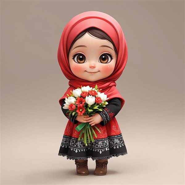 تصویر استوک سه بعدی دختر با حجاب و لباس محلی مشکی قرمز دسته گل لاله