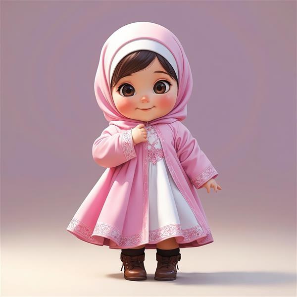 عروسک سه بعدی محجبه با مانتوی صورتی و لباس سفید (آماده جشن تکلیف)
