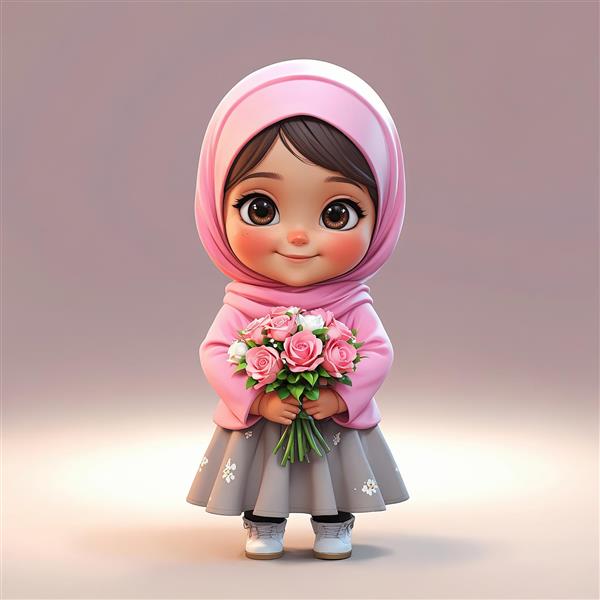 وکتور سه بعدی دختر جشن تکلیف با حجاب صورتی و دسته گل رز