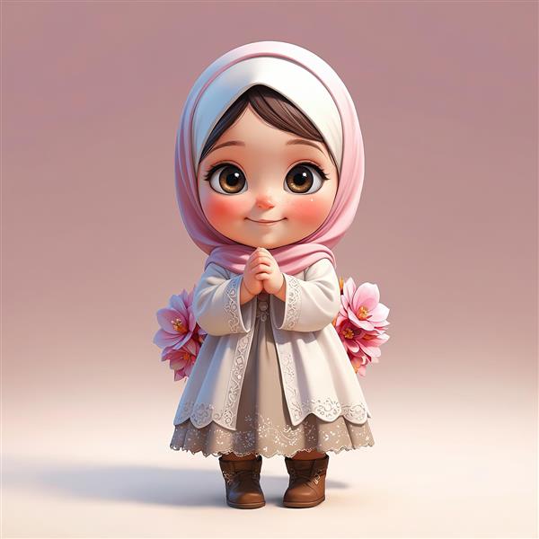 وکتور سه‌بعدی دختر کودک با حجاب صورتی ملایم و گل‌های صورتی پشت لباس