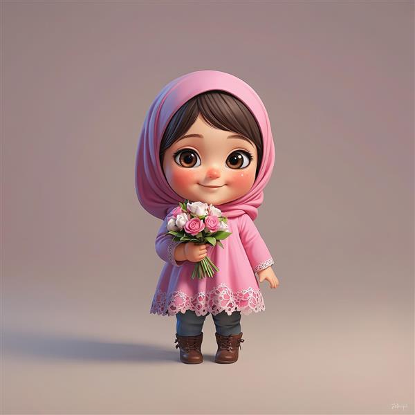 تصویر گرافیکی دختر سه‌بعدی با لباس صورتی و جین، حامل دسته گل