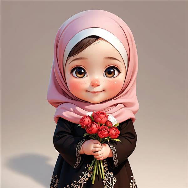 تصویر سه‌بعدی پرتره نزدیک از دختر محجبه با رزهای سرخ