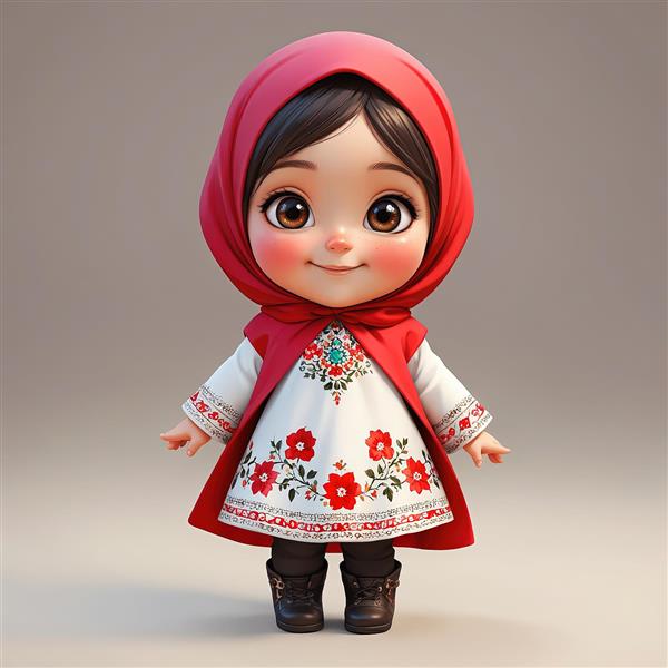 دختر بچه سه‌بعدی با حجاب قرمز و لباس گلدوزی شده سنتی ایرانی