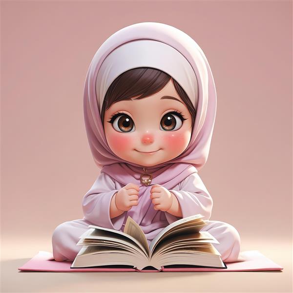 طرح سه‌بعدی کودک با حجاب یاسی در حال مطالعه قرآن یا کتاب