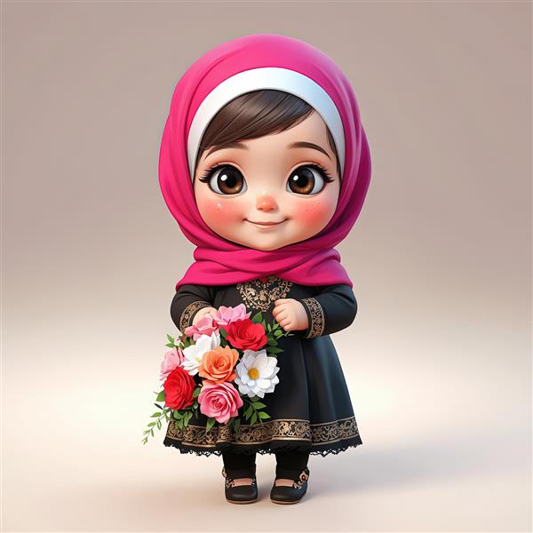 کودک سه‌بعدی با حجاب صورتی تیره و لباس مشکی مجلسی دسته گل رز
