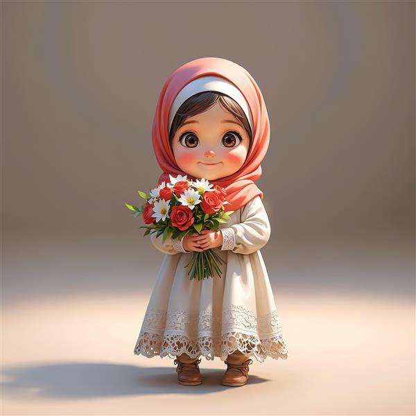 عروسک سه‌بعدی کودک با حجاب گلبهی و دسته گل در دکور بژ