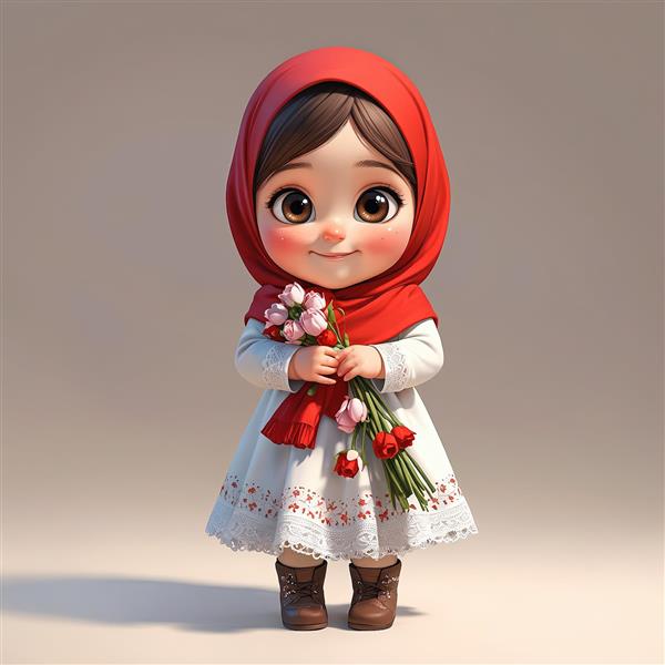 عکس دختر محجبه با لباس سفید و دسته گل در دست ایده برای کارت تبریک و پوستر بهاری