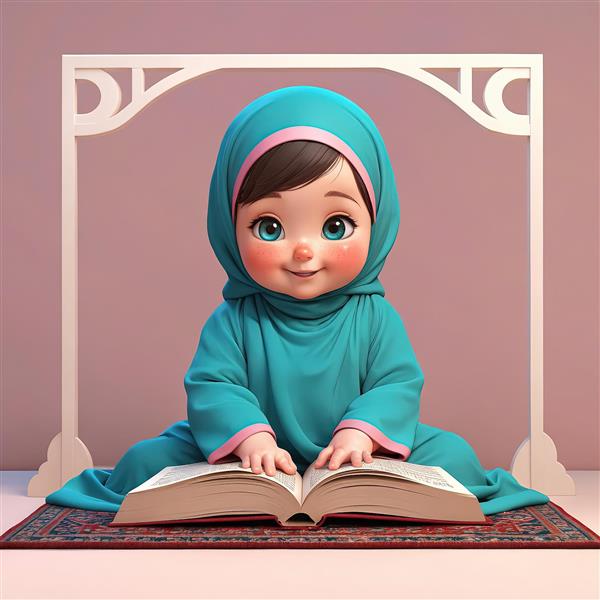 تصویر عروسکی دختر محجبه با لباس فیروزه‌ای در چارچوب سفید ایده برای تابلو اتاق کودک