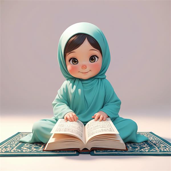 عکس دختر محجبه با لباس فیروزه‌ای روی سجاده طرح‌دار مناسب پوستر جشن عبادت و طراحی مذهبی