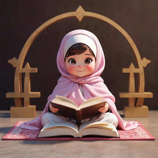تصویر دختر باحجاب روی سجاده و در حال مطالعه قرآن زیر طاق چوبی طراحی مینیمال و مذهبی